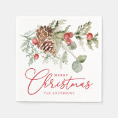 ホリーエレガントベリーとパインコーンのクリスマス スタンダードカクテルナプキン (正面)