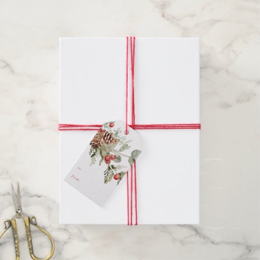 ホリーエレガントベリーとパインコーンホリデー ギフトタグ (より糸付き)
