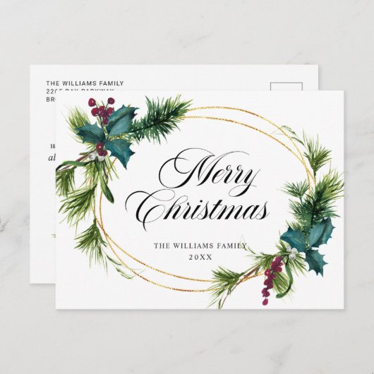 ホリーエレガントベリークリスマスグリーティングホリデー ポストカード (正面/裏面)