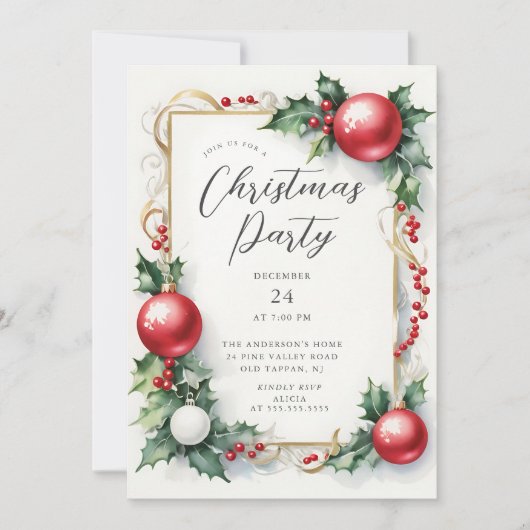 ホリーエレガントベリークリスマスパーティの招待状 招待状 (正面)