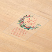 ホリーエレガントベリーリース深紅色ホリデーパーティー アクリル招待状 (レイダウン)