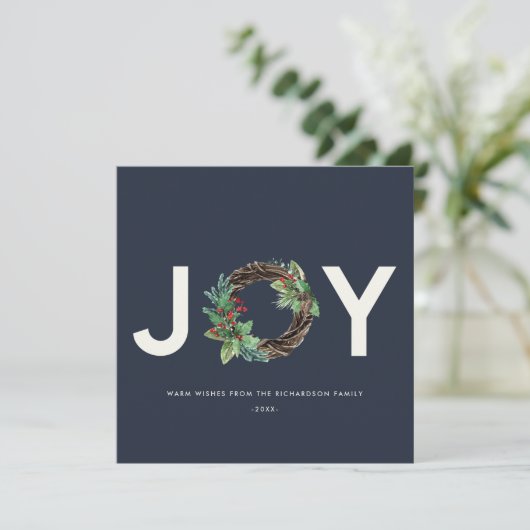 ホリーエレガントベリーレッドネイビーリースクリスマス シーズンカード (スタンド正面)