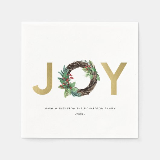 ホリーエレガントベリーレッド金ゴールドジョイリースクリスマス スタンダードカクテルナプキン (正面)