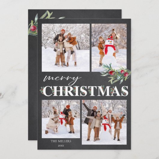 ホリーエレガントメリークリスマスホリデーフォトカード シーズンカード (正面/裏面)