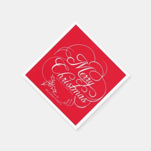 ホリーエレガントメリークリスマスレッド スタンダードカクテルナプキン (角)