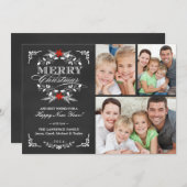 ホリーエレガント・チャルクボード・クリスマス3枚写真コラージュ シーズンカード (正面/裏面)