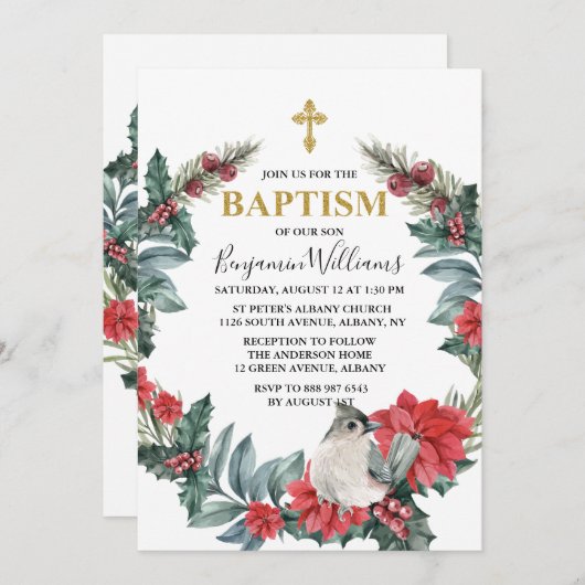 ホリーエレガント·ベリー·ウィンター·バプテスマ 招待状 (正面/裏面)