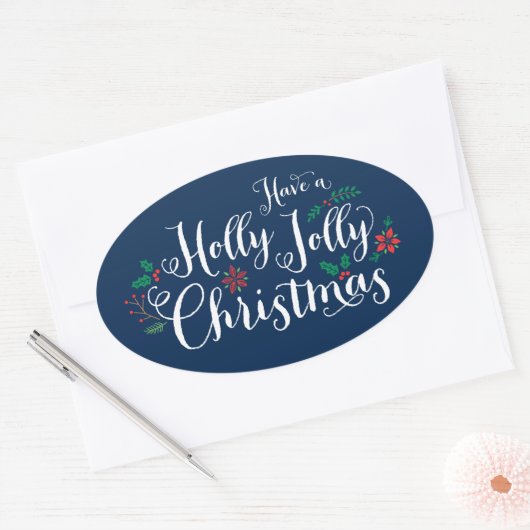 ホリークリすてきスマスネイビーブルーホリデイ 楕円形シール (封筒)
