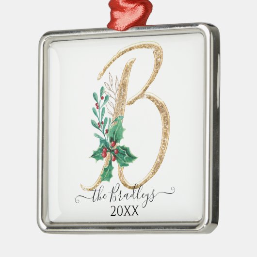 ホリークリスマス金ゴールドグリッターファミリーモノグラムB メタルオーナメント (左)