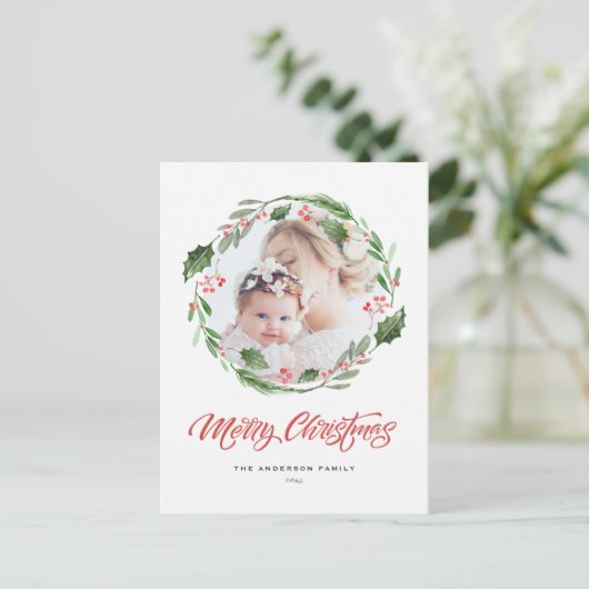 ホリーグリーンリースサークル写真メリークリスマス シーズンポストカード (スタンド正面)