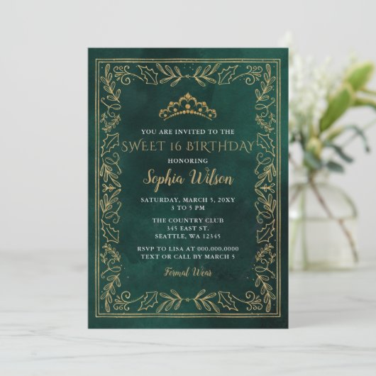 ホリーグリーン金ゴールドプリンセスティアラスウィート16誕生日 招待状 (スタンド正面)