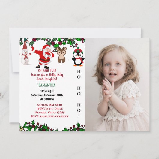ホリーサンすてきタ雪だるまクリスマス誕生日写真 招待状 (正面)