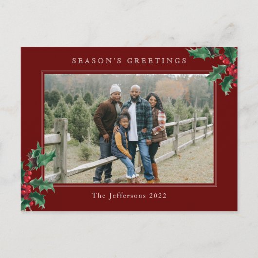 ホリーシンプルベリーカスタムフォトレッドクリスマス シーズンポストカード (正面)