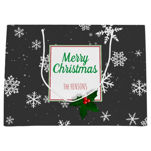 ホリーツリーベリーグレースノーフレークカスタムクリスマス ラージペーパーバッグ (正面)