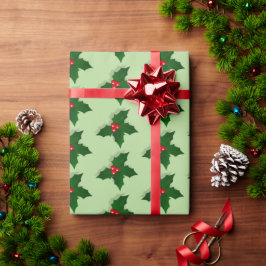 ホリーデータイプのイラストクリスマスツリーの実のパターン ラッピングペーパー