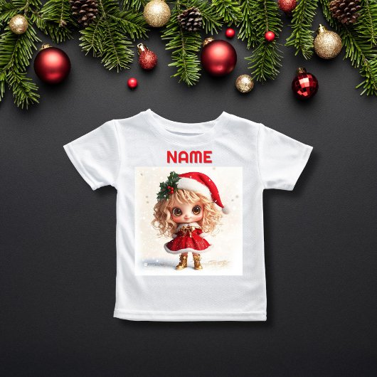 ホリーハット付き愛らしいクリスマスガール名前をカスタムする Tシャツ