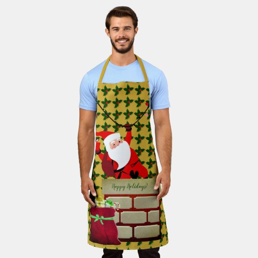 ホリーハッピーホリデーズサンタおもしろい エプロン (着用した状態)