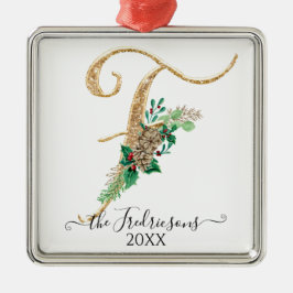 ホリーパインコーンクリスマス金ゴールドグリッターモノグラムF メタルオーナメント
