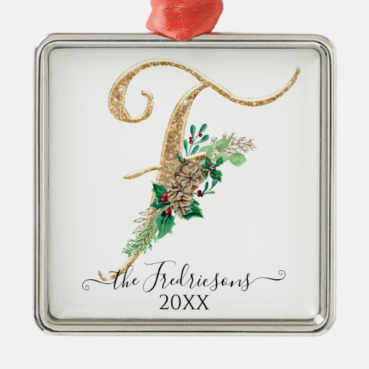 ホリーパインコーンクリスマス金ゴールドグリッターモノグラムF メタルオーナメント (正面)