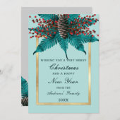 ホリーパインコーンブーケ金ゴールド縁どクリスマス シーズンカード (正面/裏面)