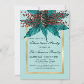 ホリーパインコーンブーケ金ゴールド縁どクリスマス 招待状 (正面)