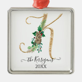 ホリーパインコーンモノグラムK金ゴールドグリッタークリスマス メタルオーナメント