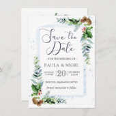 ホリーパインコーン緑の葉が日付を保存 招待状 (正面/裏面)