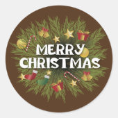ホリーパインツリーの装飾メリークリスマス ラウンドシール (正面)