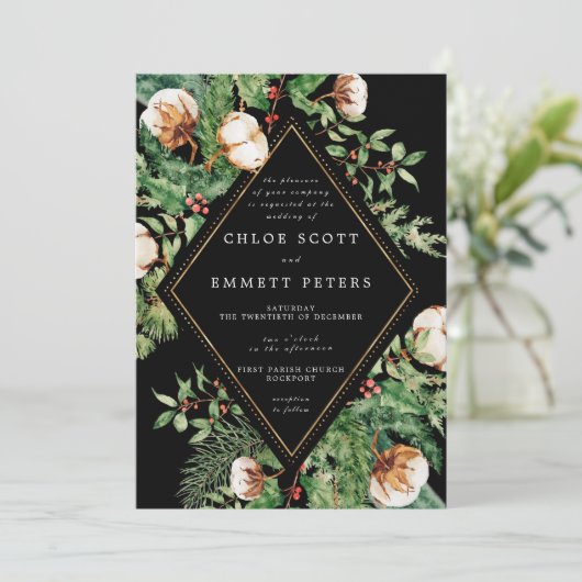 ホリーパインホワイトフローラウィンターウェディング招待状 招待状 (スタンド正面)
