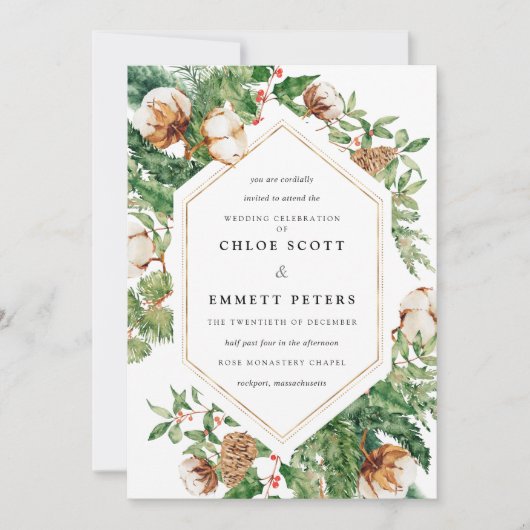 ホリーパインホワイトフローラウィンターウェディング招待状 招待状 (正面)
