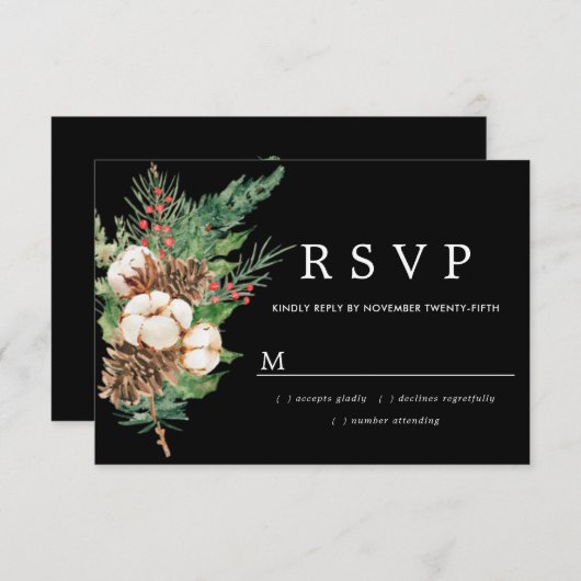 ホリーパインホワイトフローラウィンターウェディングRSVPカード 出欠カード (正面/裏面)