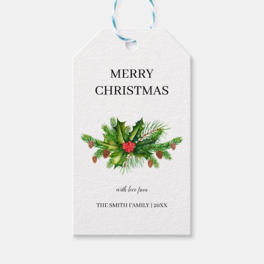ホリーパーソナライズされたパイン&ベリーメリークリスマス ギフトタグ (正面)