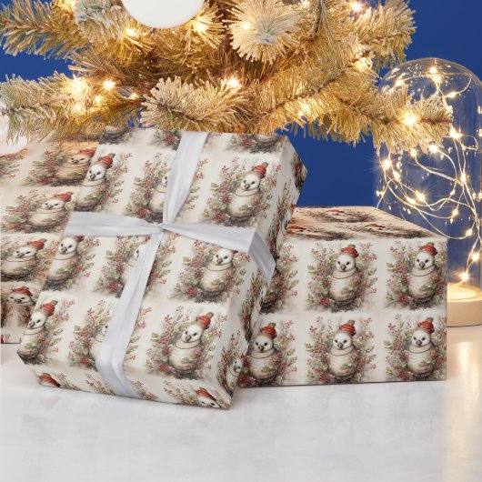 ホリーブッシュに赤い帽子をかぶったかわいい鳥 ラッピングペーパー (クリスマス)