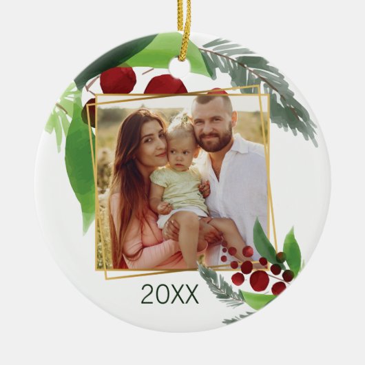 ホリーブランチ写真クリスマスオーナメント セラミックオーナメント (正面)