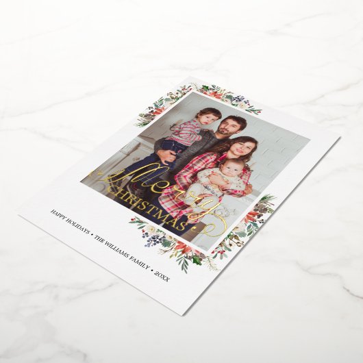 ホリーベリーとフローラフレームの写真年レビュー 箔シーズンカード (回転した状態)