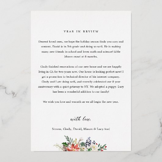 ホリーベリーとフローラフレームの写真年レビュー 箔シーズンカード (裏面)