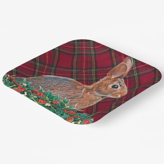 ホリーベリーとプレイドを持つウサギ ペーパープレート (傾斜あり)