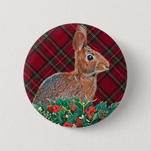 ホリーベリーとプレイドを持つウサギ 缶バッジ (正面)