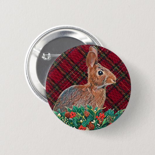 ホリーベリーとプレイドを持つウサギ 缶バッジ (正面&裏面)