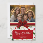 ホリーベリーとレッドボウの写真カスタムクリスマス シーズンカード (正面)