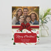 ホリーベリーとレッドボウの写真カスタムクリスマス シーズンカード (スタンド正面)