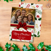 ホリーベリーとレッドボウの写真カスタムクリスマス シーズンカード
