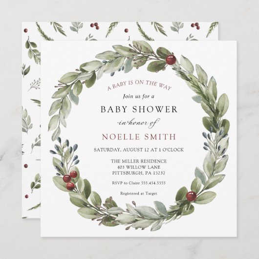 ホリーベリーと冬のリースベビーシャワー 招待状 (正面/裏面)