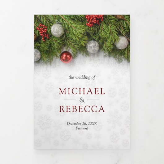ホリーベリーと松の葉のクリスマスウェディング 三つ折り招待状 (カバー)