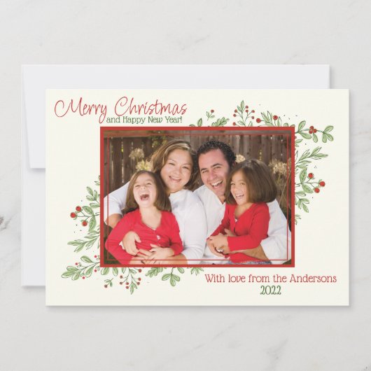 ホリーベリーと葉の写真クリスマスカード シーズンカード (正面)