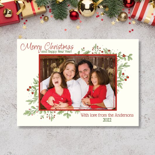 ホリーベリーと葉の写真クリスマスカード シーズンカード