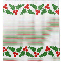 ホリーベリーと赤、緑のクリスマスストライプ。 シャワーカーテン