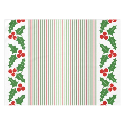 ホリーベリーと赤、緑のクリスマスストライプ。 テーブルクロス (正面(横))