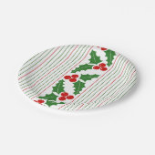 ホリーベリーと赤、緑のクリスマスストライプ。 ペーパープレート (アングル)
