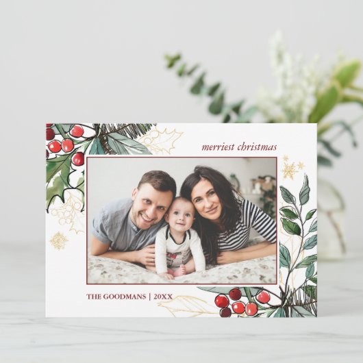 ホリーベリーのアウトラインが付いたクリスマスフォトホリデー カード (スタンド正面)